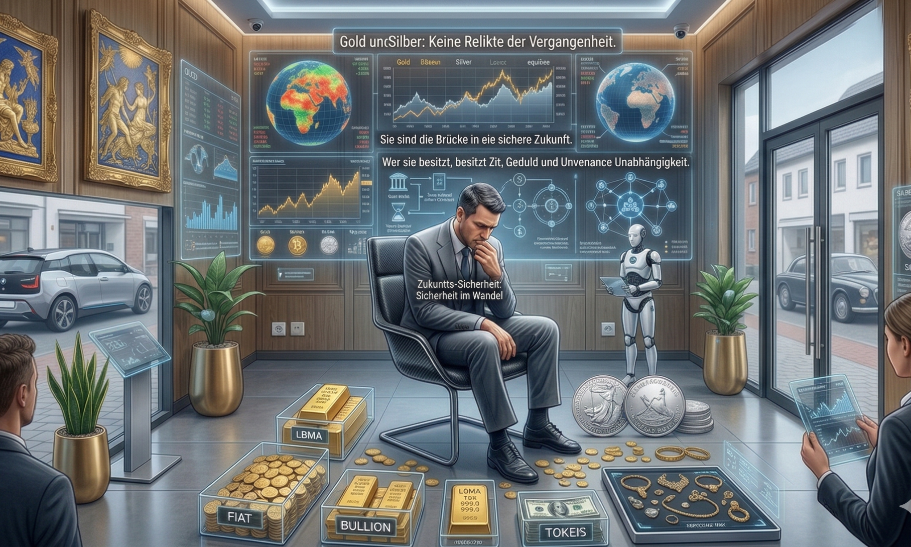 Die Zukunft von Gold und Silber Mann in Anzug sitzt nachdenklich in Büro mit Goldbarren, Grafiken und einem Roboter.