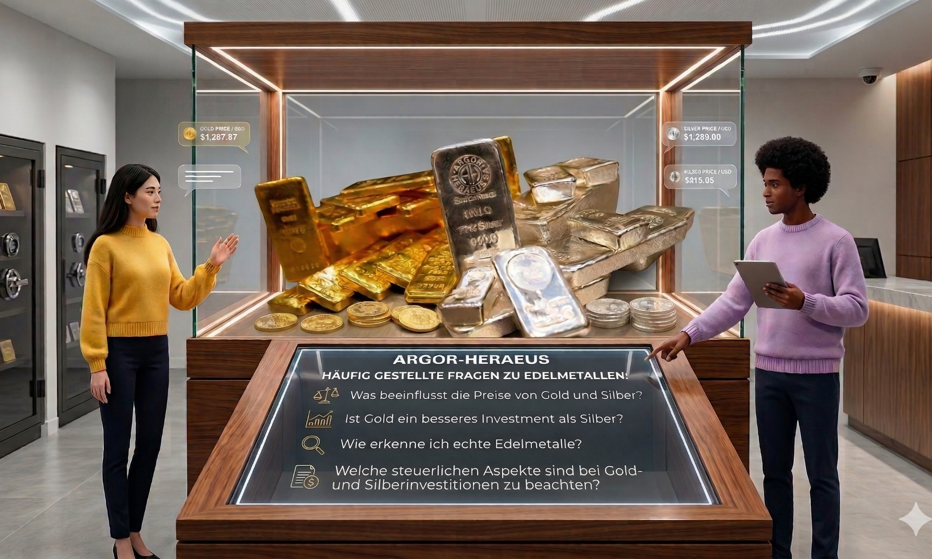 Häufig gestellte Fragen über Gold und Silber Zwei Personen betrachten eine Vitrine mit Goldbarren und historischen Wertgegenständen.