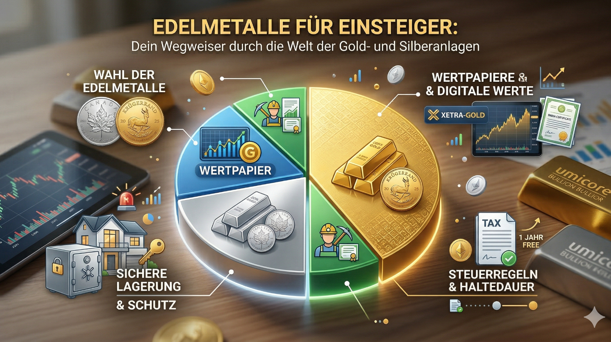 Glanz mit System: Die Kunst der richtigen Edelmetall-Anlage für Einsteiger Diagramm zu Edelmetallen für Einsteiger mit Infos zu Gold, Silber, Investitionen und Strategien.