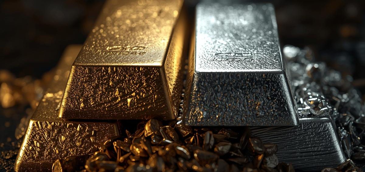 Warum Gold & Silber? Edelmetallbarren aus Gold und Silber auf einer dunklen Oberfläche.
