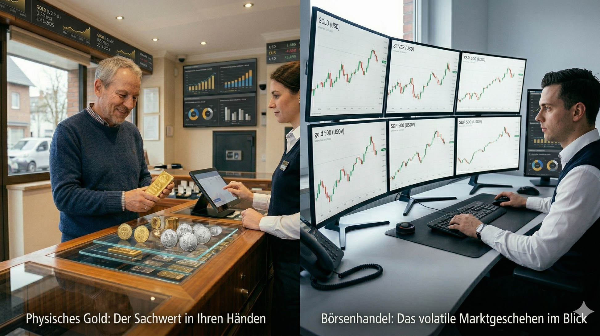 Wie man in Gold und Silber richtig investiert: für Einsteiger Ein Mann kauft Gold, daneben ein Trader an mehreren Bildschirmen.